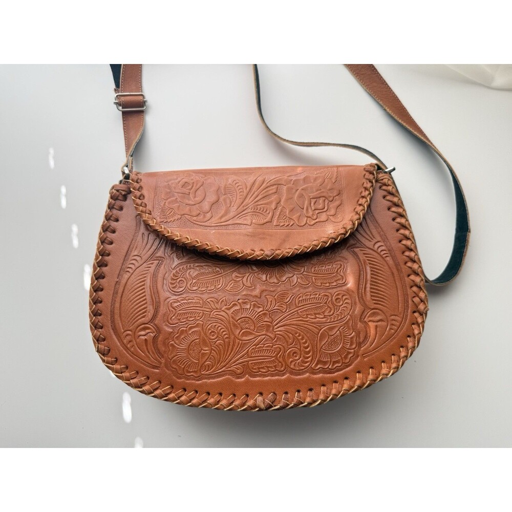Hand Tooled Leather Crossbody Purse Brown Floral Western Boho Mexico